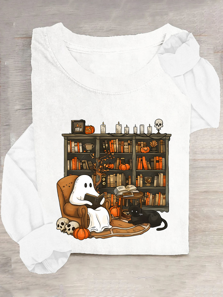 Women's Vintage Ghost Reading Halloween Librarian, Teacher Long Sleeve T-Shirt