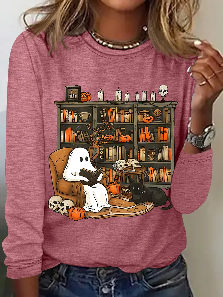 Women's Vintage Ghost Reading Halloween Librarian, Teacher Long Sleeve T-Shirt