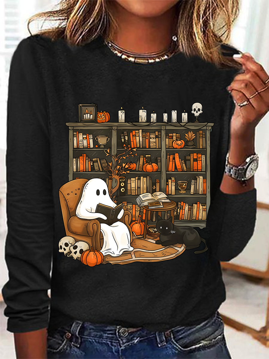 Women's Vintage Ghost Reading Halloween Librarian, Teacher Long Sleeve T-Shirt