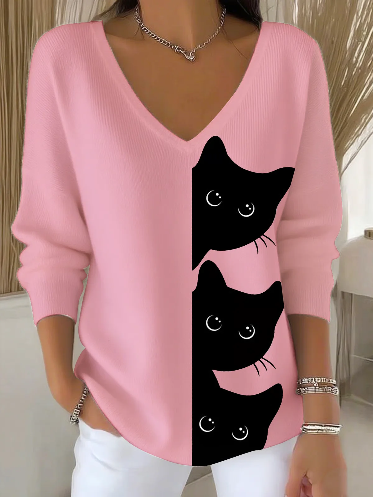Women's Autumn Cute Three Little Black Cats Printed Casual Top