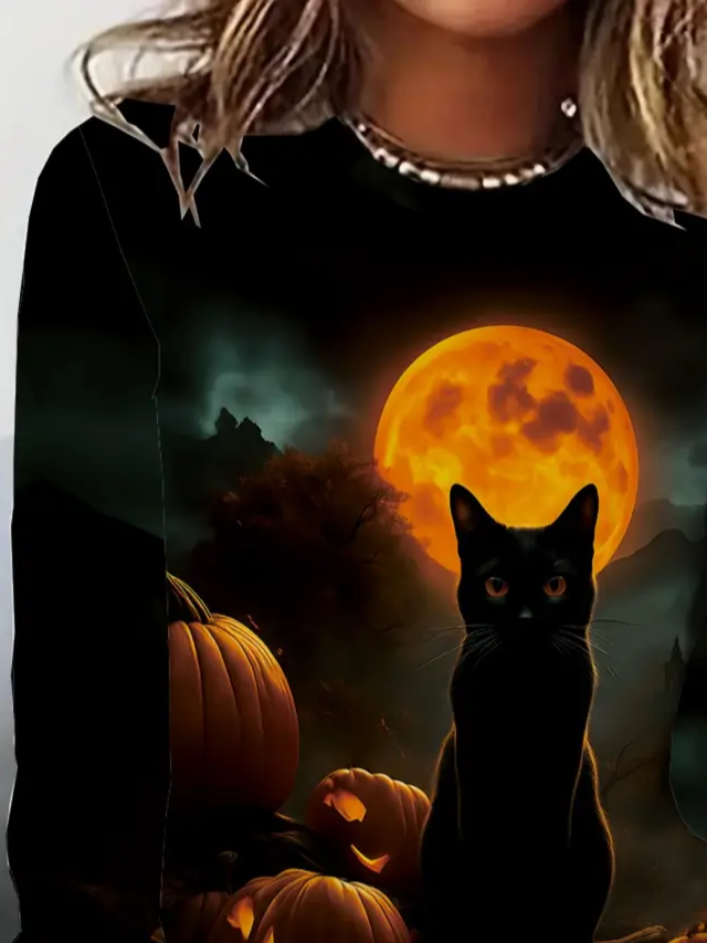 Women's Long Sleeve T-shirt Spring/Fall Black Halloween (pumpkin) Printing Jersey Crew Neck Daily Going Out Casual Top