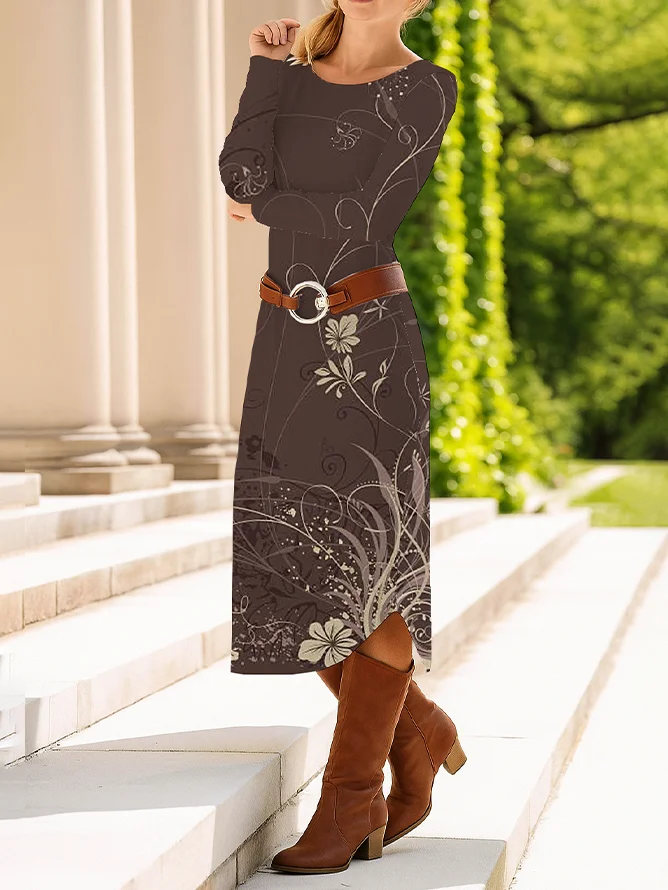 Women's Long Sleeve Spring/Fall Brown Floral Crew Neck Daily Going Out Casual Midi A-Line T-Shirt Dress Dress