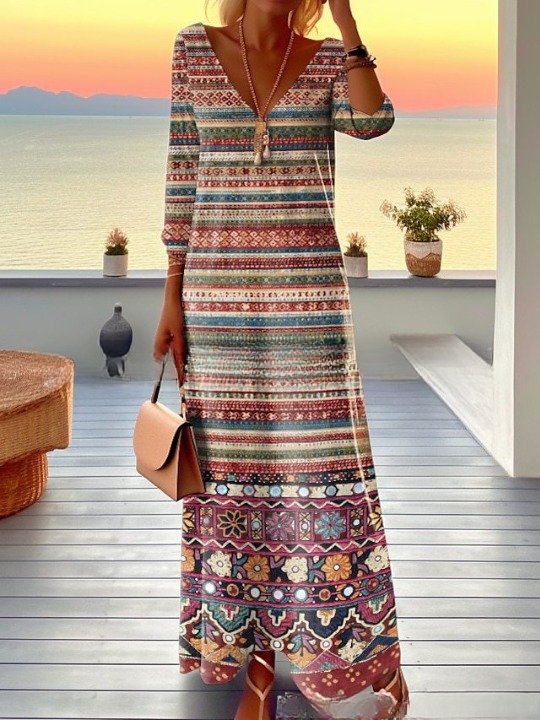 Women's Long Sleeve Spring/Fall Yellow Geometric Split Joint V Neck Daily Going Out Vintage Maxi A-Line Tank Dress