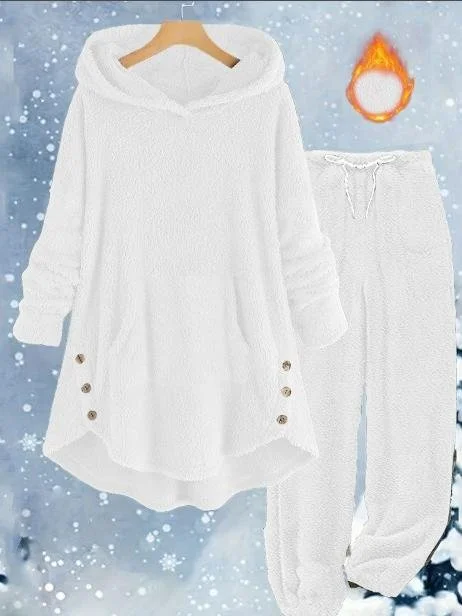 Loose Casual Solid Color Plush Hooded Long-Sleeved Trousers Two-Piece Suit