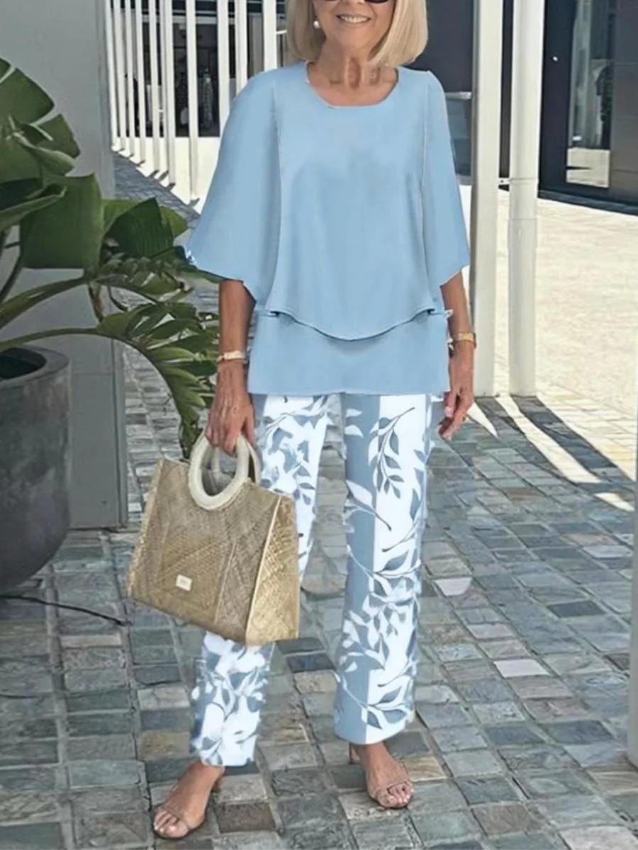 Bell Sleeve Crew Neck Casual Loose Two-Piece Set