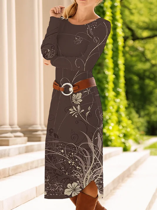 Women's Long Sleeve Spring/Fall Brown Floral Crew Neck Daily Going Out Casual Midi A-Line T-Shirt Dress Dress