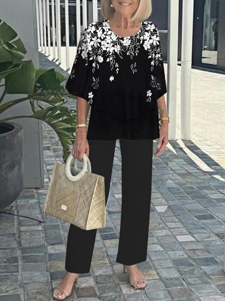 Bell Sleeve Crew Neck Casual Loose Two-Piece Set