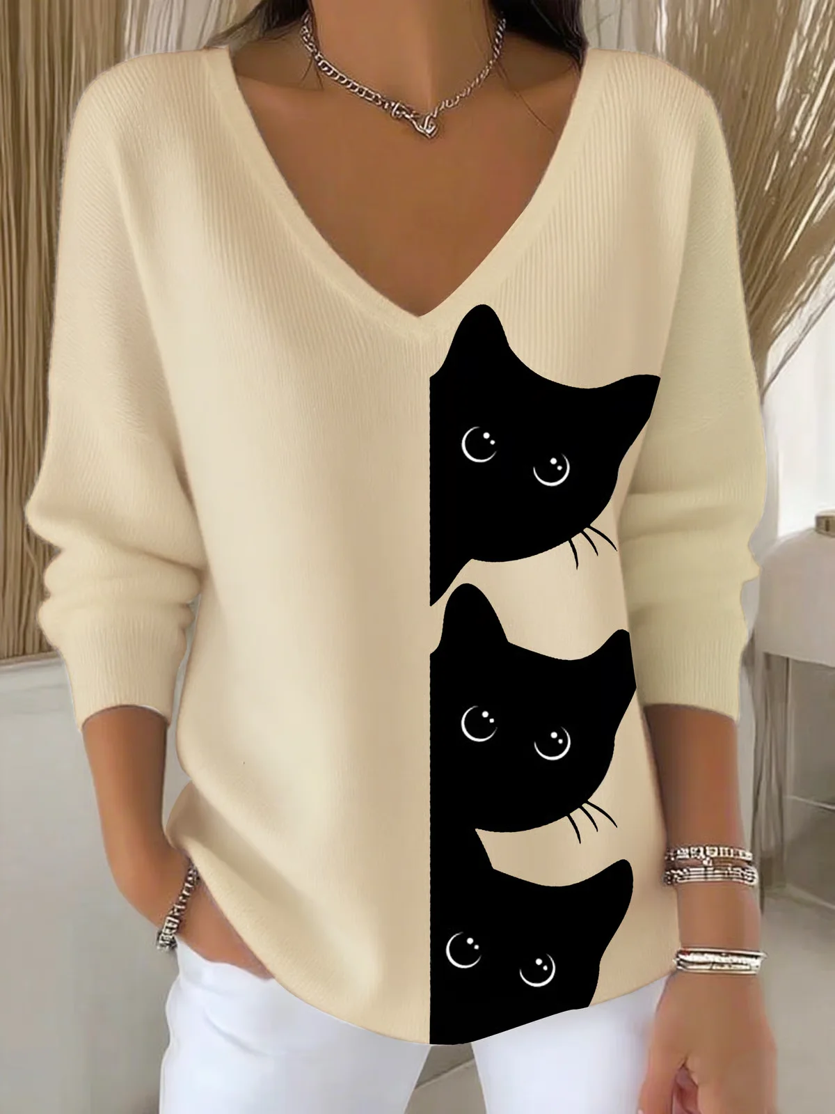 Women's Autumn Cute Three Little Black Cats Printed Casual Top