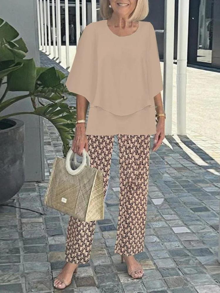 Bell Sleeve Crew Neck Casual Loose Two-Piece Set