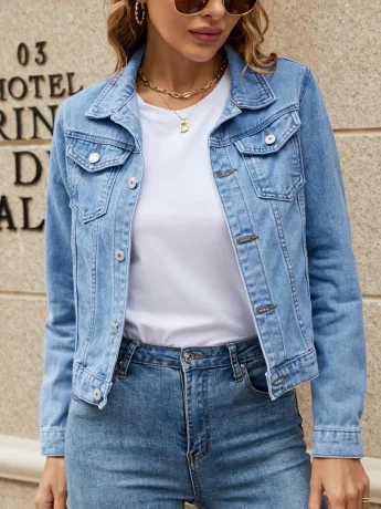 Urban Stand Collar Regular Fit Trendy Lapel Pocket Single-breasted Short Denim Jacket