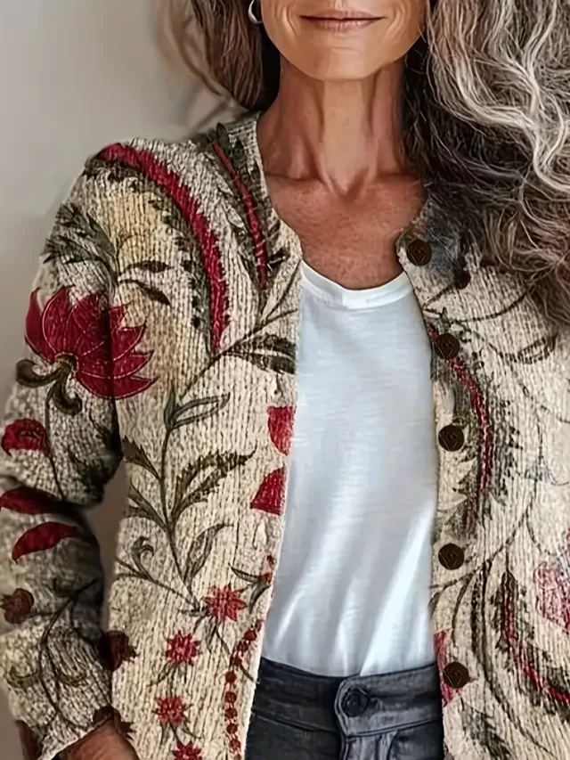 Crew Neck Vintage Printing Cardigan
