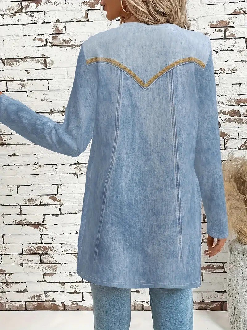 Vintage Crew Neck Loose Faux Denim Print Graphic Jacket