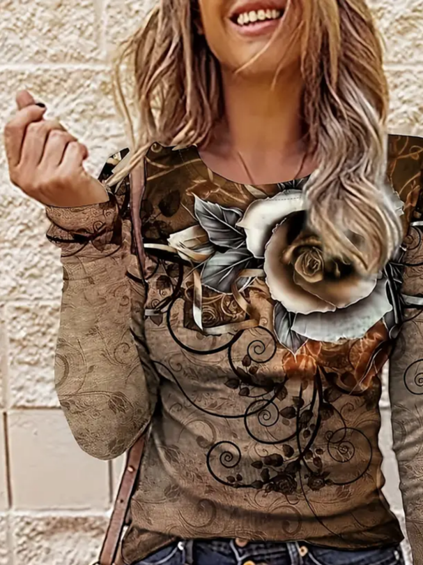 Women's Long Sleeve T-shirt Spring/Fall Brown Floral Printing Jersey Crew Neck Daily Going Out Casual Top