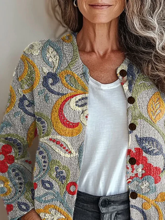 Floral Printing Crew Neck Casual Cardigan