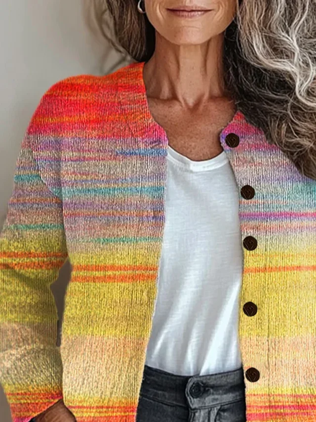 Regular Fit Casual Printing Crew Neck Cardigan