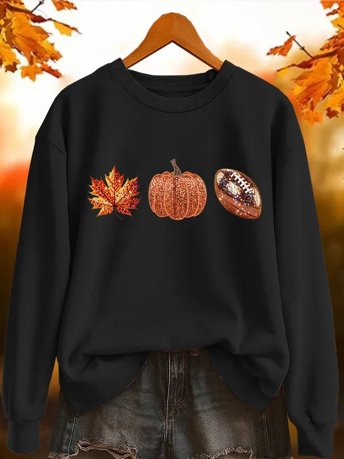 Women's Halloween Autumn Maple Leaf Pumpkin Round Neck Long Sleeve Sweatshirt