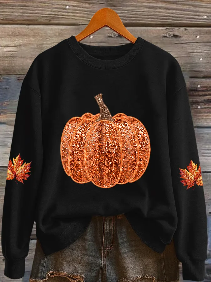 Women's Halloween Autumn Maple Leaf Pumpkin Round Neck Long Sleeve Sweatshirt