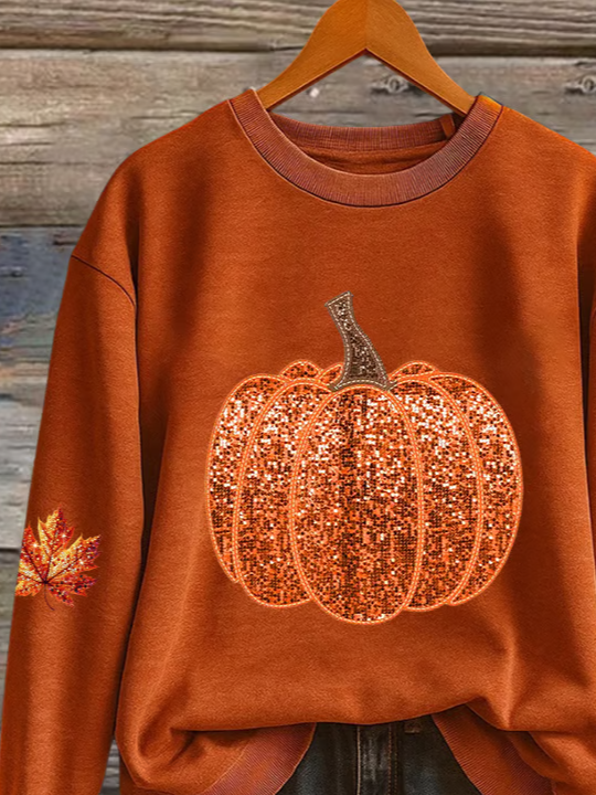 Women's Halloween Autumn Maple Leaf Pumpkin Round Neck Long Sleeve Sweatshirt