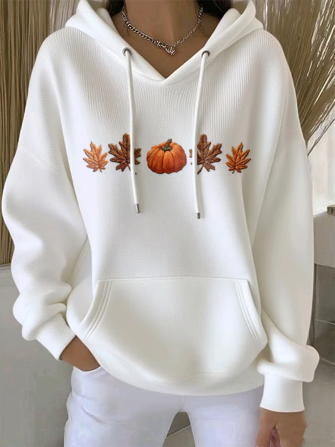 Women's Halloween Autumn Maple Leaf Pumpkin Long Sleeve Hooded Sweatshirt
