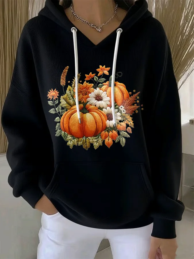 Women's Halloween Autumn Floral Pumpkin Long Sleeve Hooded Sweatshirt