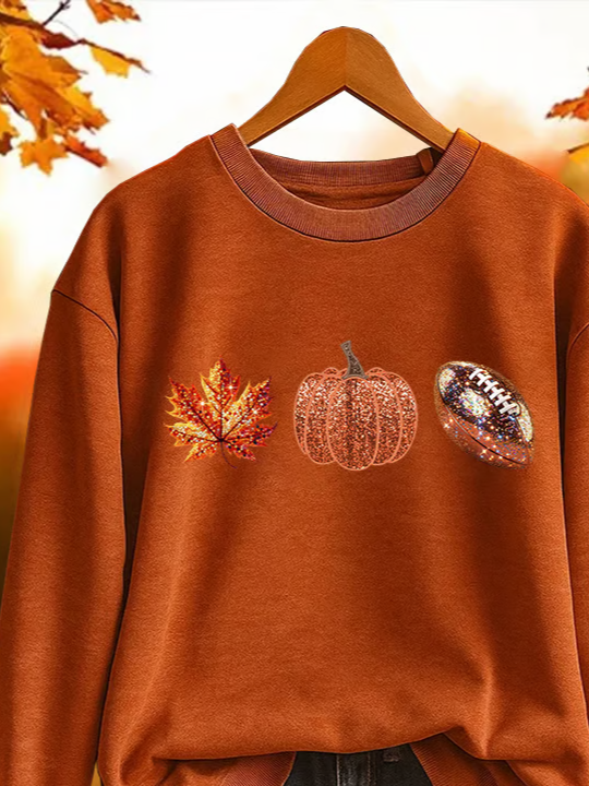 Women's Halloween Autumn Maple Leaf Pumpkin Round Neck Long Sleeve Sweatshirt