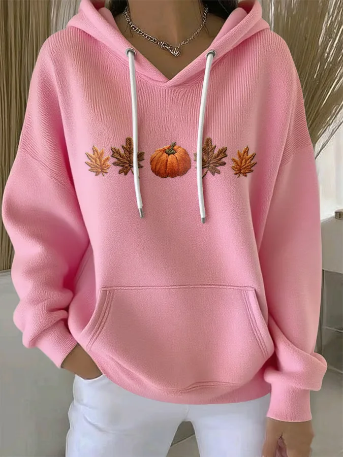 Women's Halloween Autumn Maple Leaf Pumpkin Long Sleeve Hooded Sweatshirt