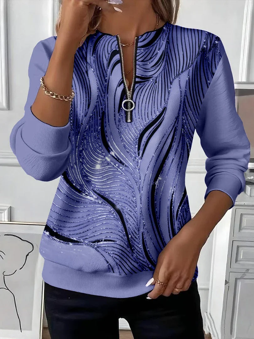 Women's Abstract Print Casual Zipper Long Sleeve Sweatshirt