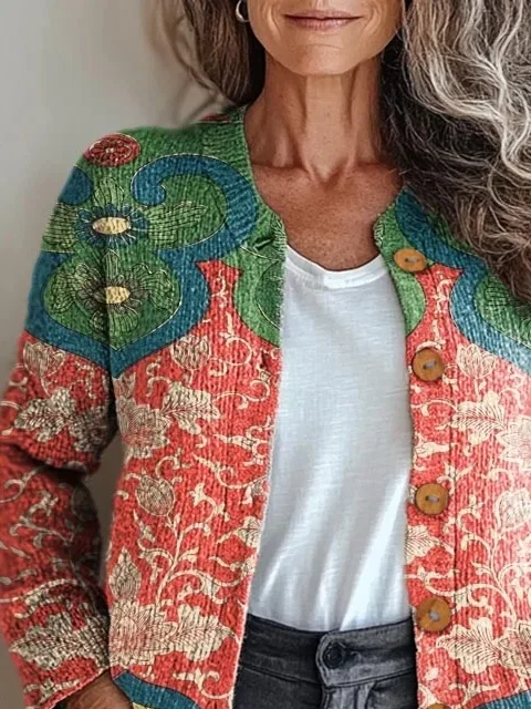 Red Women’s Vintage Lace Print Cardigan