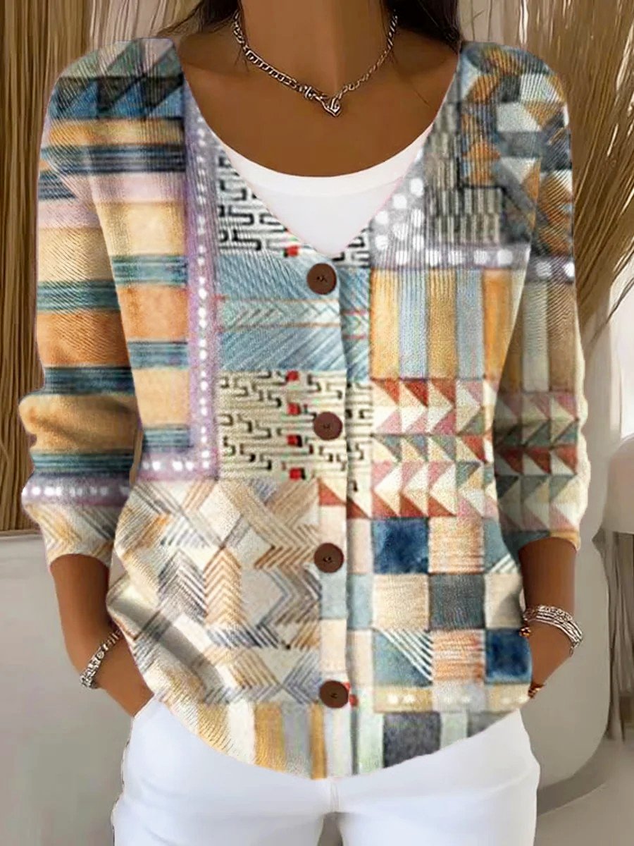 Loose Knitted Geometric Vintage Cardigan