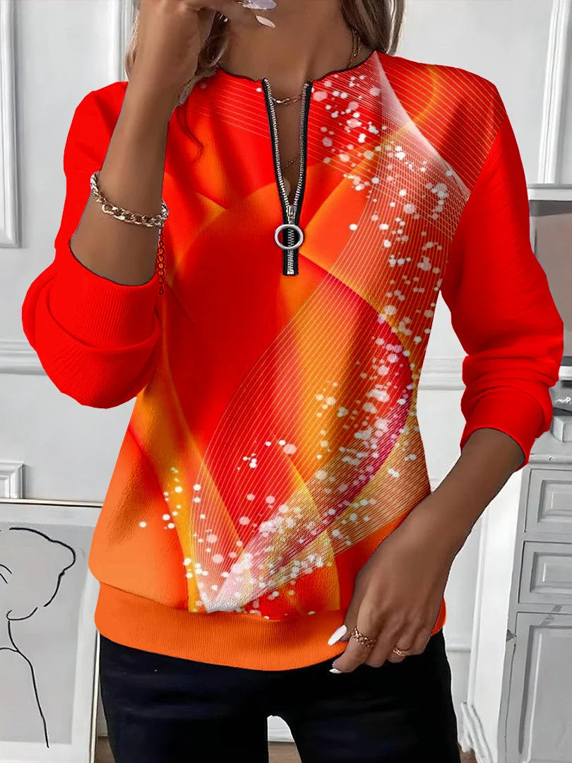 Women's Abstract Print Casual Zipper Long Sleeve Sweatshirt