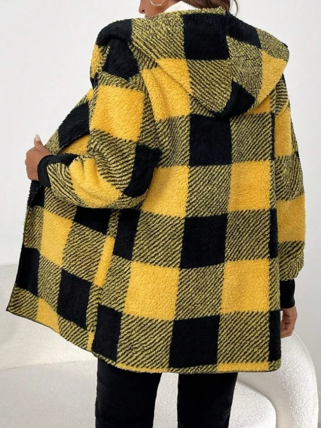 Plaid Urban Pocket Stitching Hooded Jacket