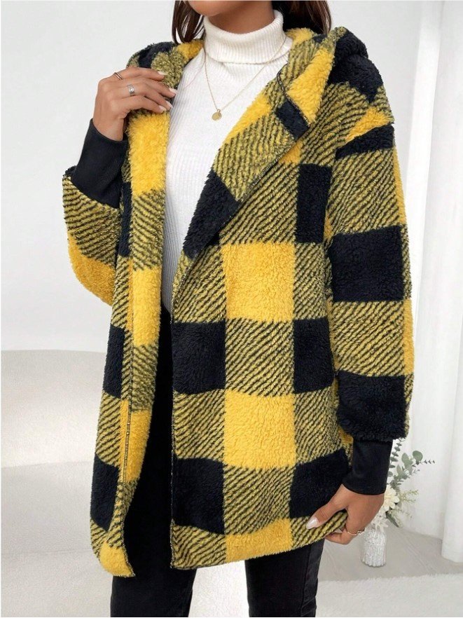 Plaid Urban Pocket Stitching Hooded Jacket