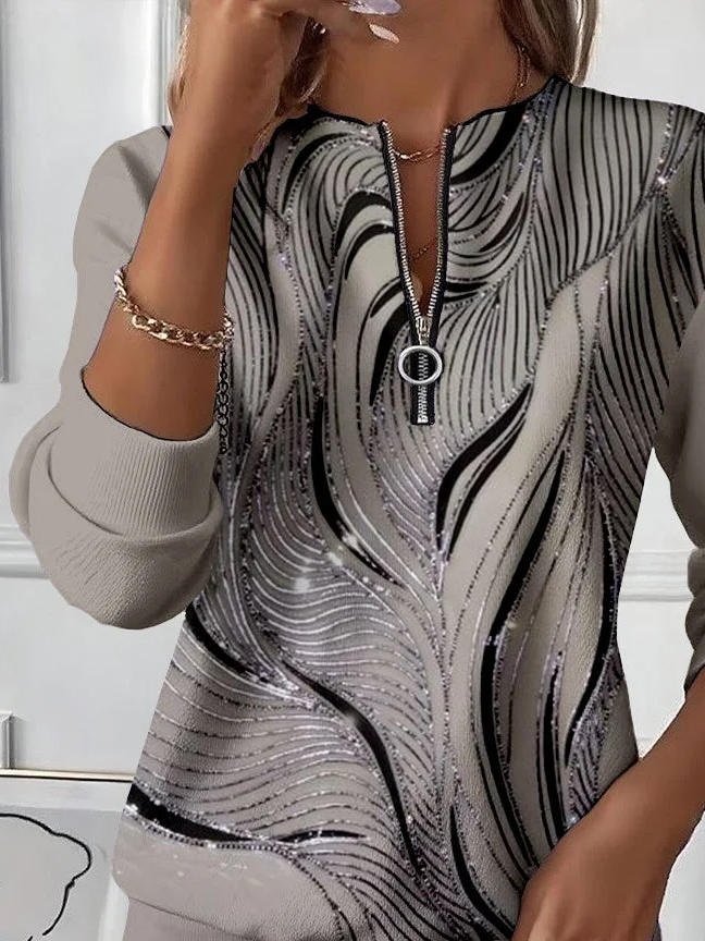 Women's Abstract Print Casual Zipper Long Sleeve Sweatshirt