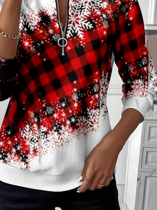 Women's Christmas Print Casual Zipper Long Sleeve Sweatshirt