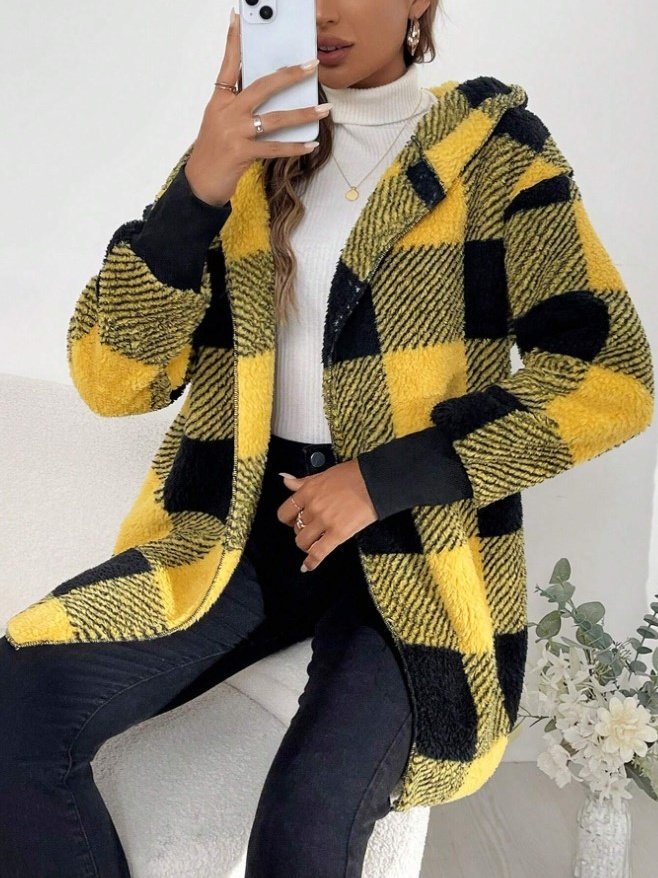 Plaid Urban Pocket Stitching Hooded Jacket