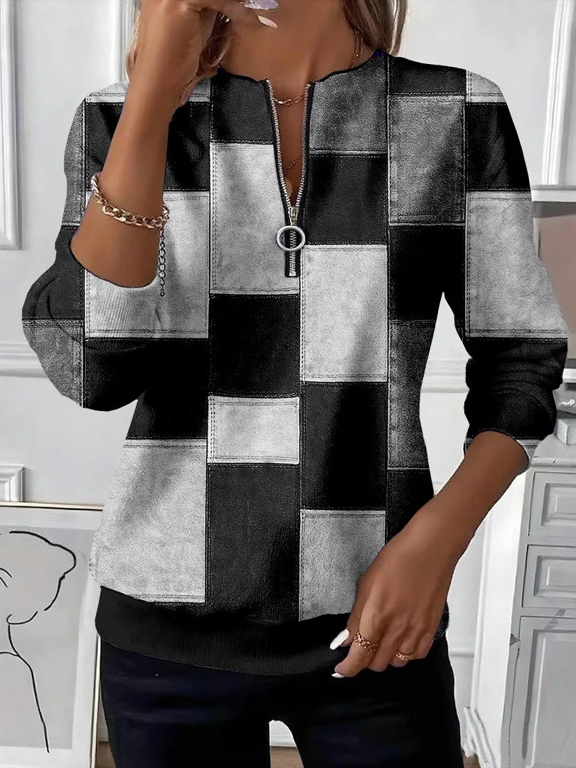 Women's Plaid Print Casual Zipper Long Sleeve Sweatshirt