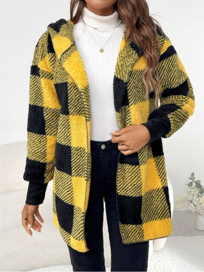 Plaid Urban Pocket Stitching Hooded Jacket