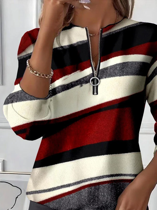Zipper Loose Crew Neck Casual Sweatshirt