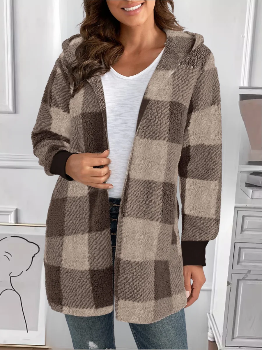Plaid Urban Pocket Stitching Hooded Jacket