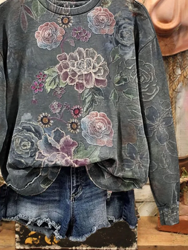 Casual Loose Floral Crew Neck Sweatshirt