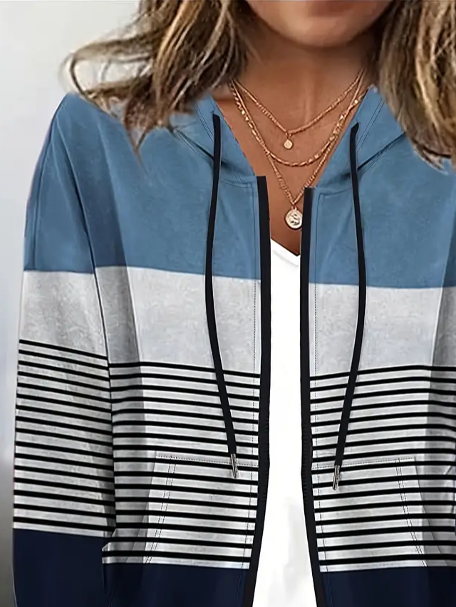 Women's Striped Colorblock Print Casual Hooded Sweatshirt Jacket