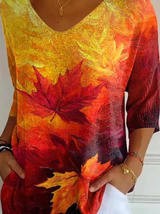 Loose V Neck Maple Leaf Casual T-Shirt
