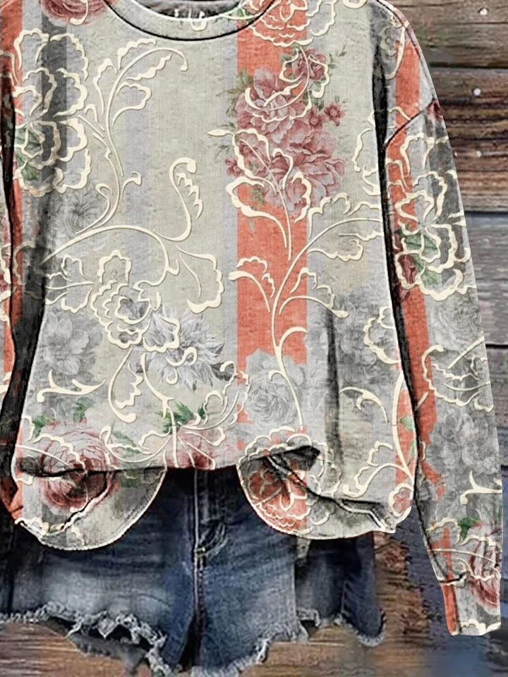 Floral Casual Crew Neck Loose Sweatshirt