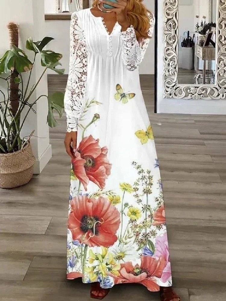 Women's Long Sleeve Spring/Fall pink-gray Plain Split Joint V Neck Daily Going Out Vintage Maxi A-Line T-Shirt Dress Dress