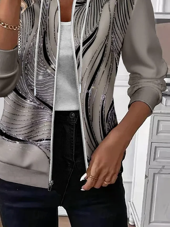 Women's Abstract Print Casual Hooded Sweatshirt Jacket
