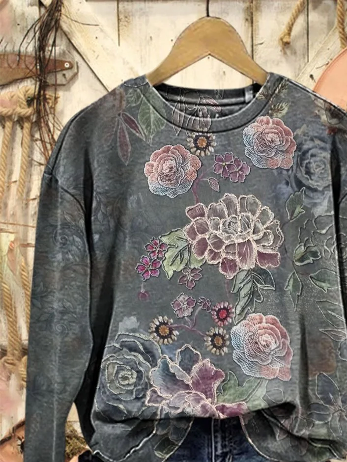 Casual Loose Floral Crew Neck Sweatshirt