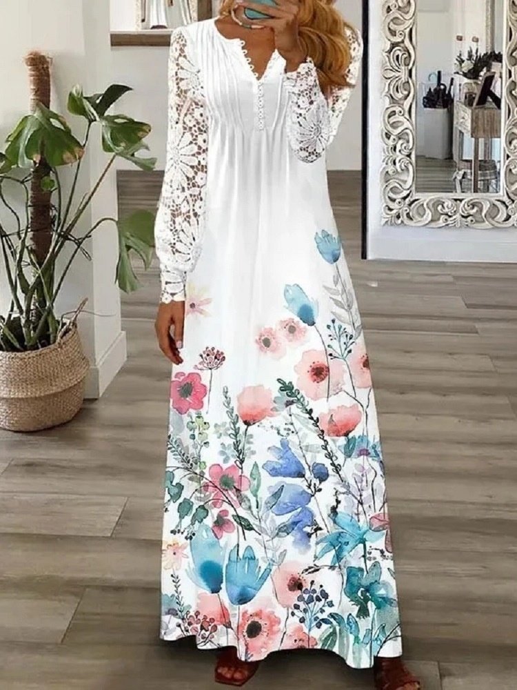 Women's Long Sleeve Spring/Fall pink-gray Plain Split Joint V Neck Daily Going Out Vintage Maxi A-Line T-Shirt Dress Dress