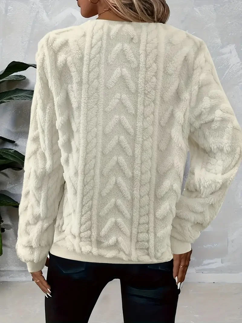 Plain Faux Fur Simple Crew Neck Sweatshirt