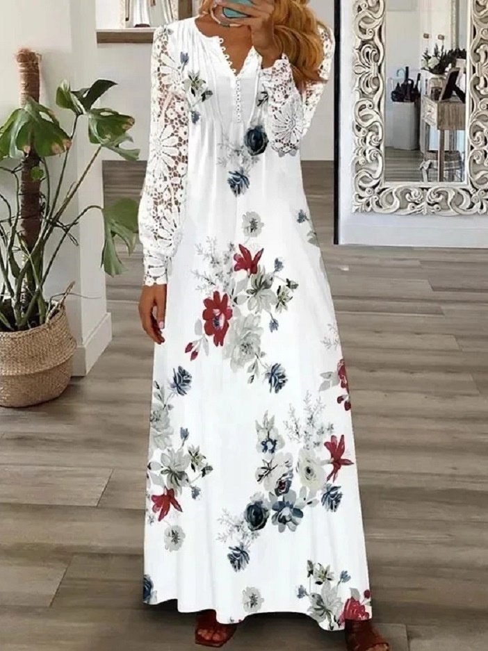 Women's Long Sleeve Spring/Fall pink-gray Plain Split Joint V Neck Daily Going Out Vintage Maxi A-Line T-Shirt Dress Dress
