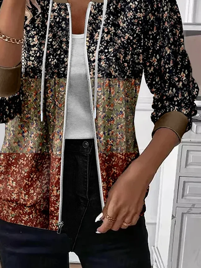 Women's Floral Print Casual Hooded Sweatshirt Jacket